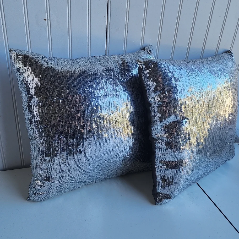 Lot Of 2 Sparkle Sequined Dark Silver 15”X15” Pillows